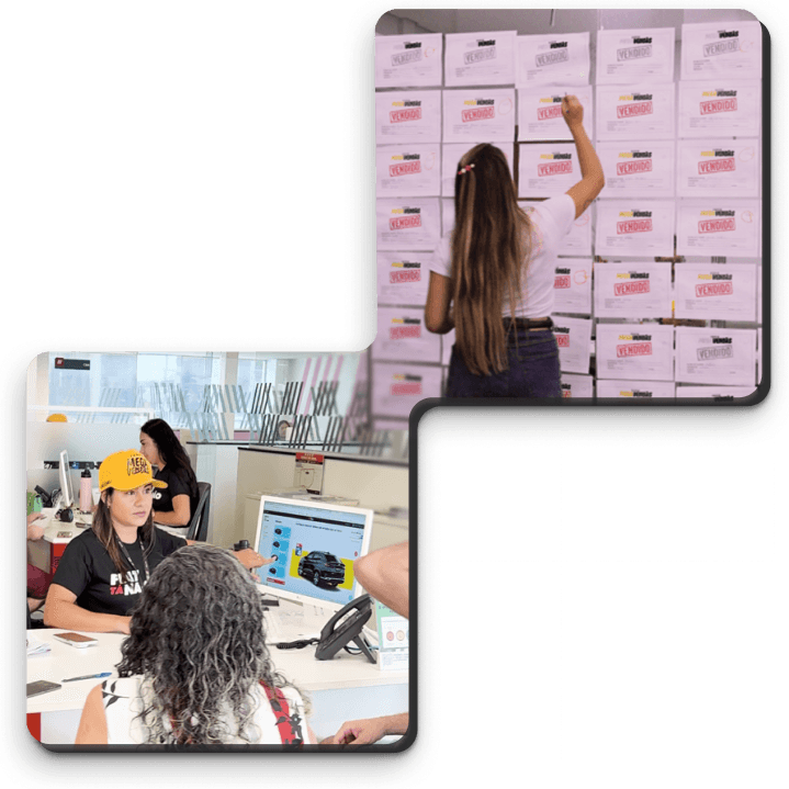 Duas fotos em estilo polaroid. Na foto de baixo, uma mulher com um boné amarelo e uma camisa preta e outra de costas, com cabelo cacheado, estão em frente a um laptop que exibe a imagem de um carro preto. Na foto de cima, uma mulher com cabelos longos está de costas, escrevendo em uma parede de caixas com a palavra "vendido" em cada uma delas.